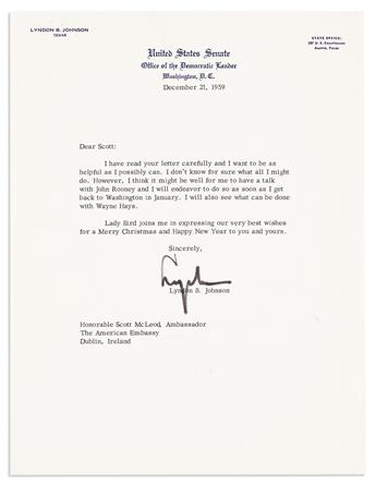 JOHNSON, LYNDON B. Archive of 7 Typed Letters Signed, Lyndon or Lyndon B. Johnson, as Senator or Vice President, to U.S. Ambassador